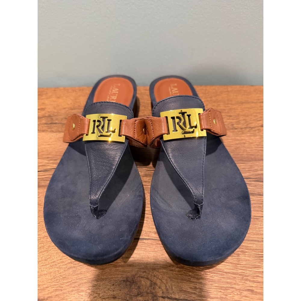 Lauren Ralph Lauren Navy Blue Tan Leather LRL Logo Thong Wedge Sandals 8B
